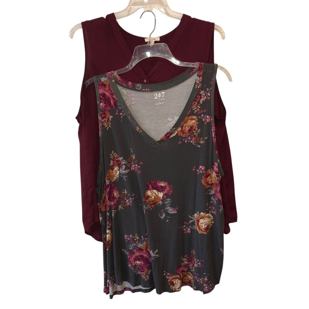 Lot of 2 Maurices 24 7 Womens 2X Maroon Green Floral Sleeveless Tops Shirts